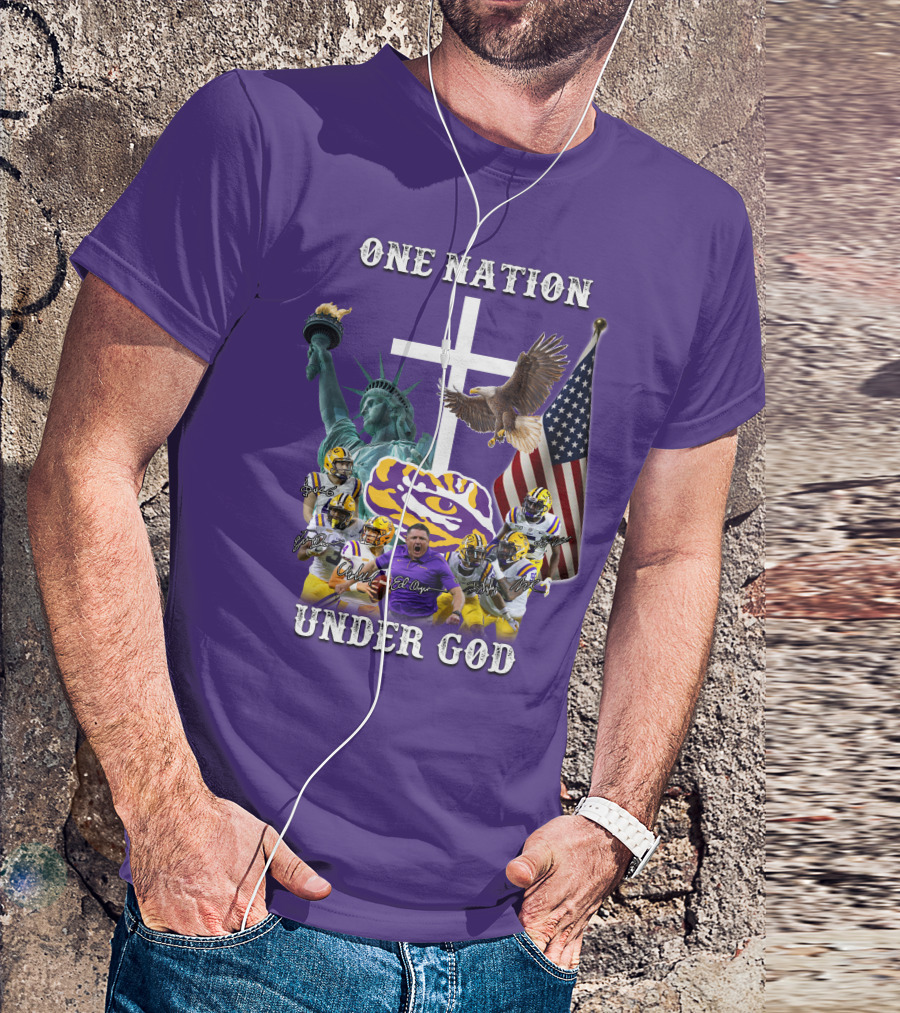 LSU Tigers Football One Nation Under God Coach Players Statue Of Liberty Eagle American Flag T-Shirt