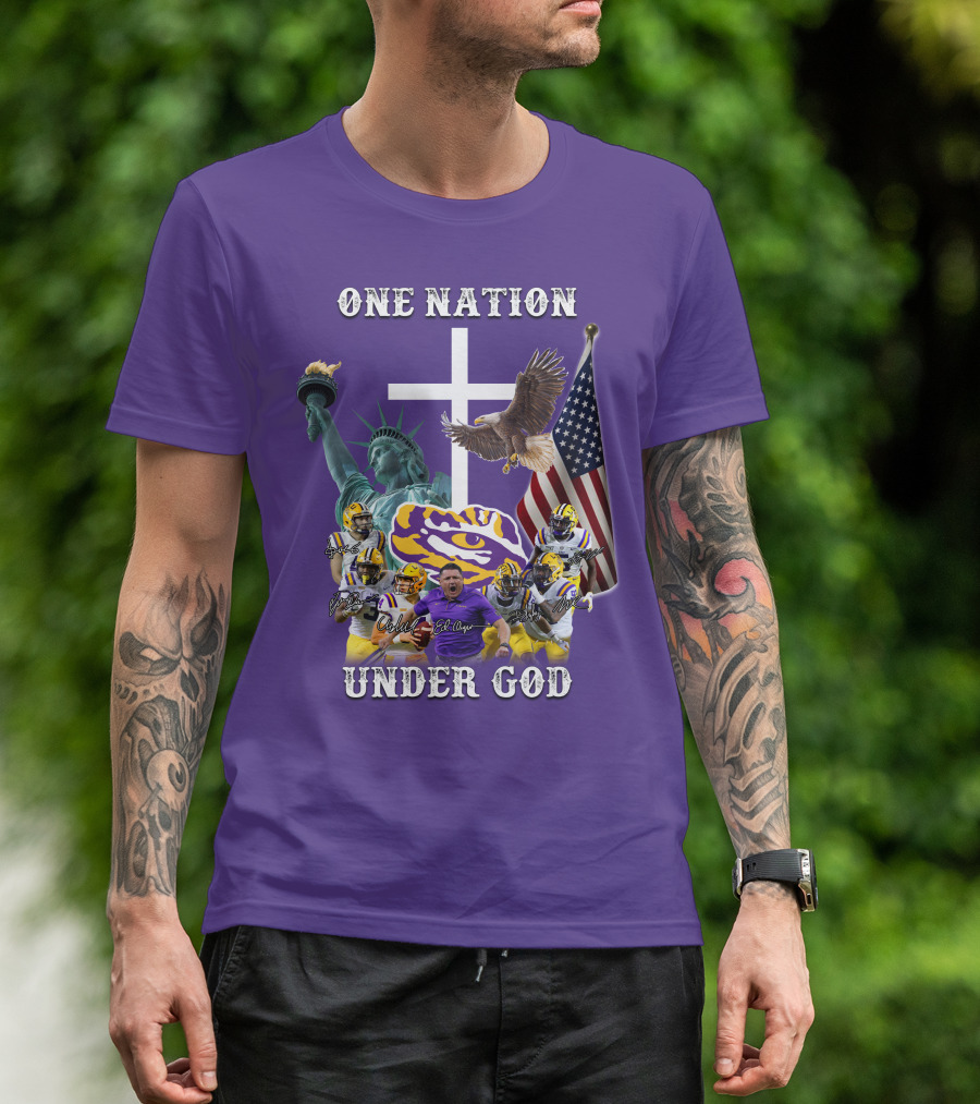 LSU Tigers Football One Nation Under God Coach Players Statue Of Liberty Eagle American Flag T-Shirt