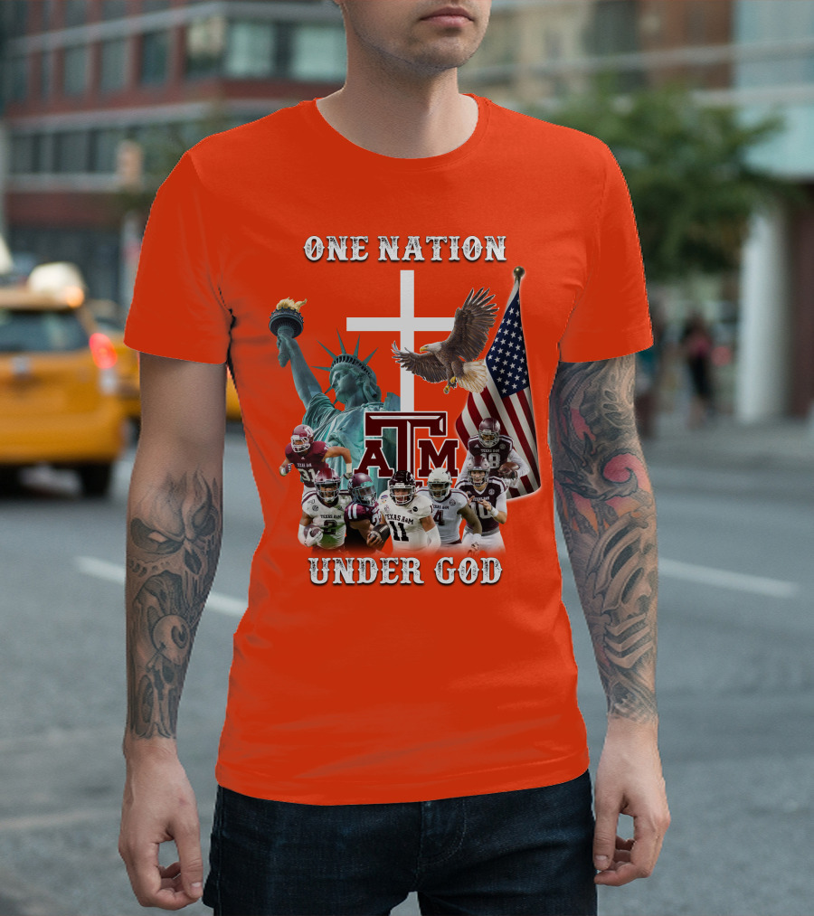 One Nation Under God Texas A&M Football Statue of Liberty Bald Eagle American Flag T-Shirt