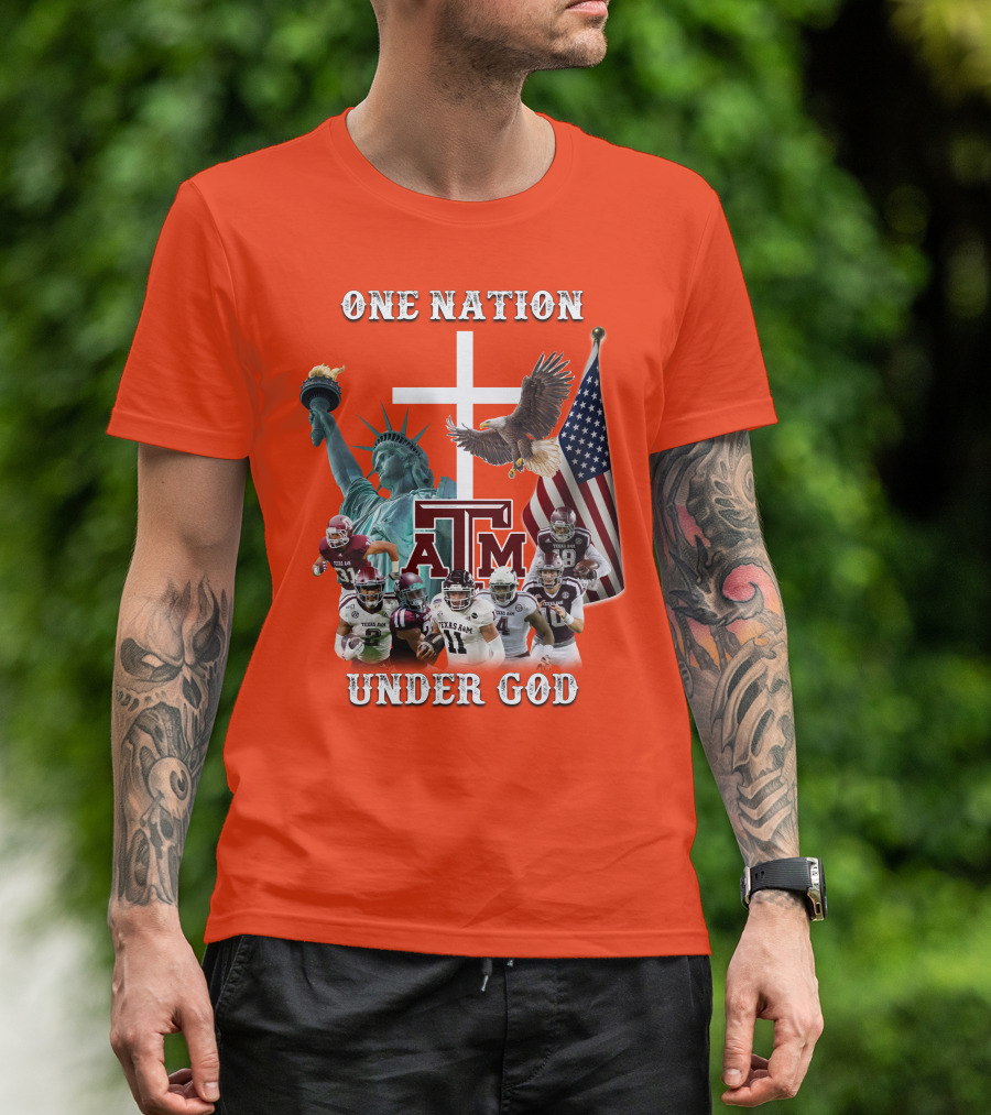 One Nation Under God Texas A&M Football Statue Of Liberty Bald Eagle American Flag T-Shirt