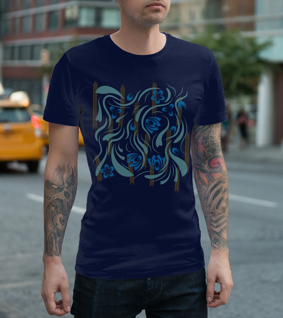 Folk Flowers Pattern Blue and Gold Floral Motif T-Shirt
