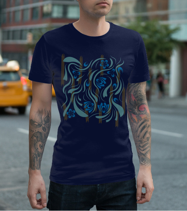 Folk Flowers Pattern Blue And Gold Floral Motif T-Shirt