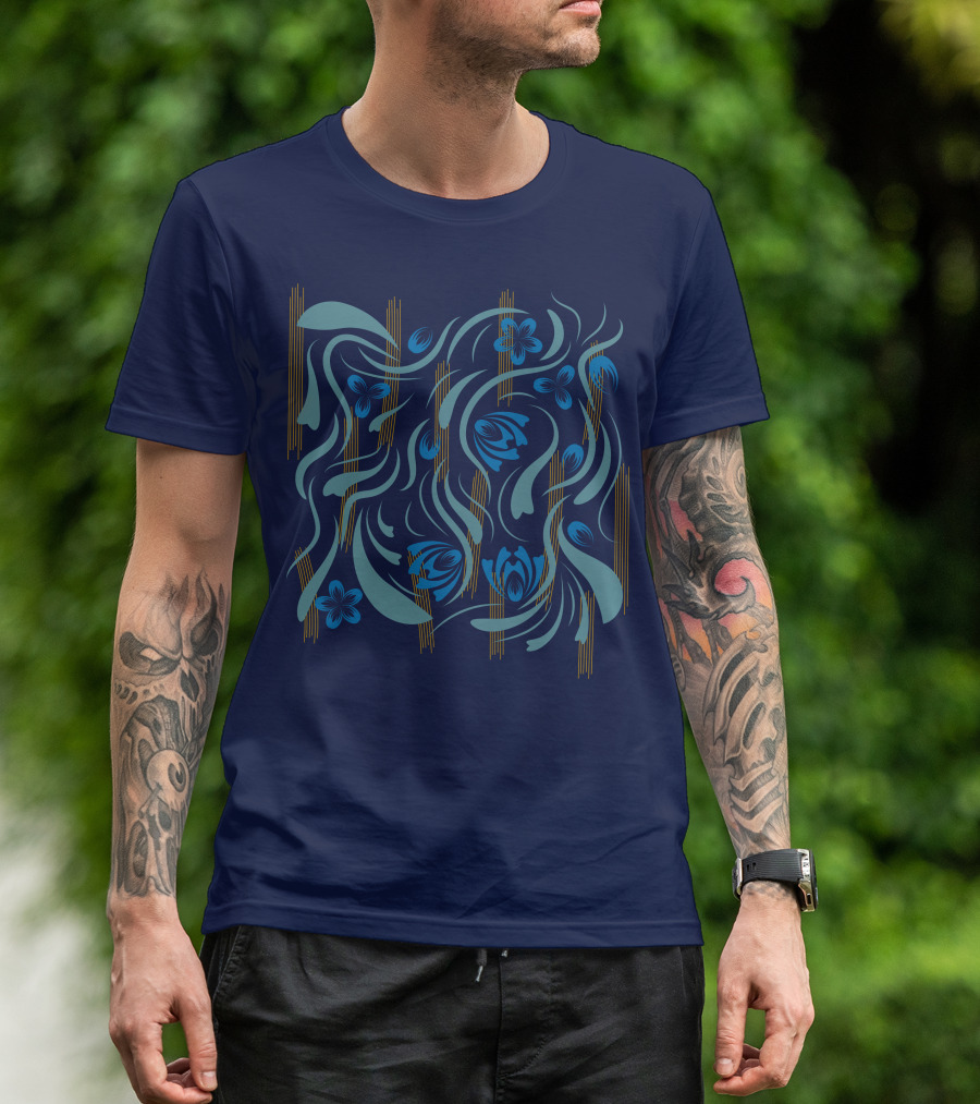 Folk Flowers Pattern Blue And Gold Floral Motif T-Shirt