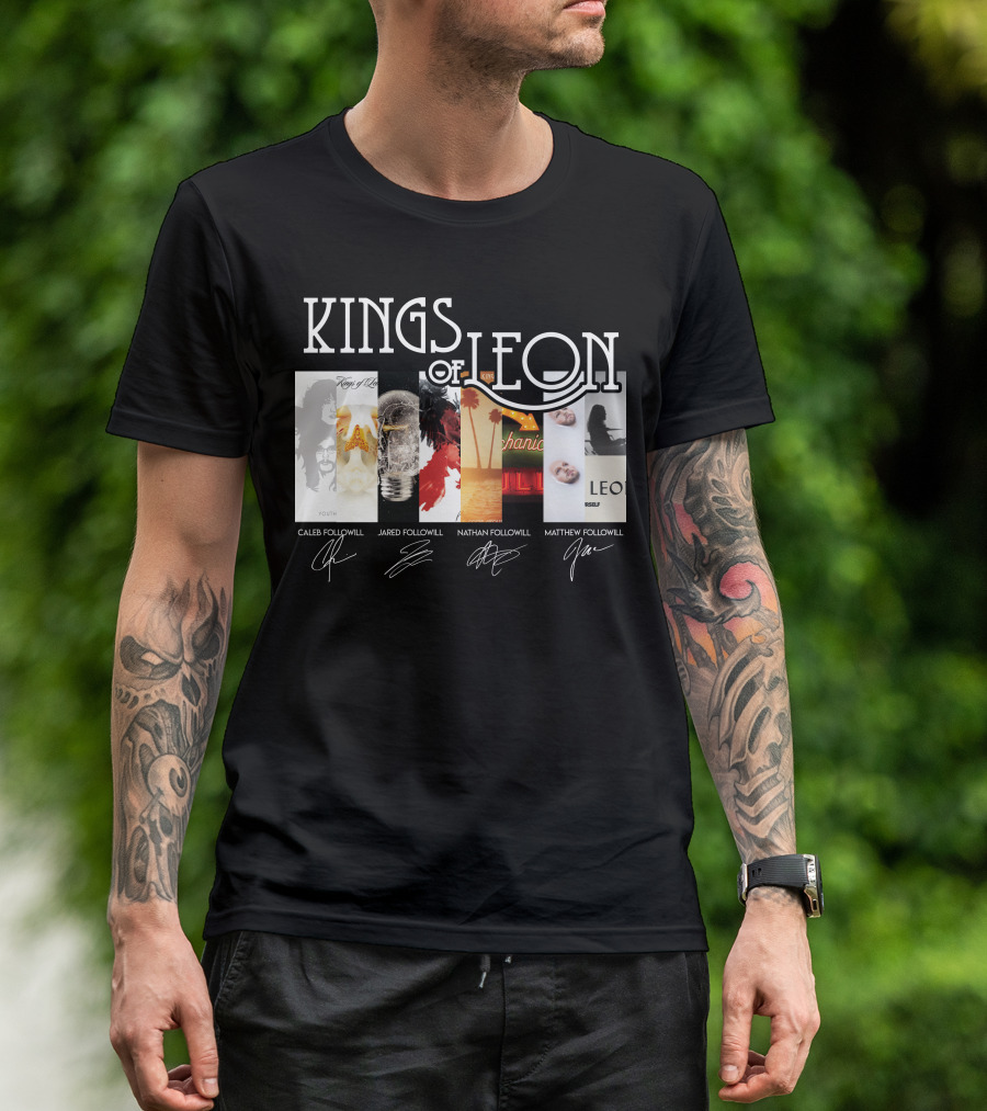 Kings Of Leon Youth And Young Manhood Album Covers With Caleb Jared Nathan Matthew Followill Signatures T-Shirt