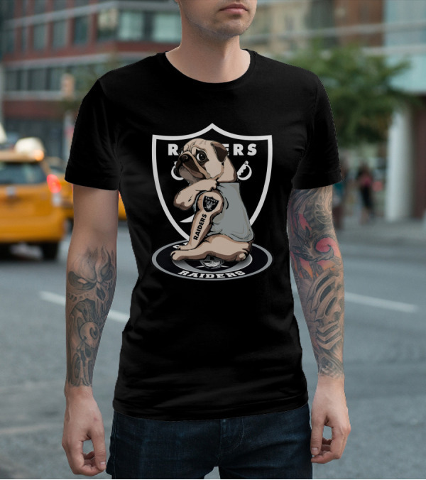 Pug Raiders NFL Team Parody With Tattoo And Shield T-Shirt