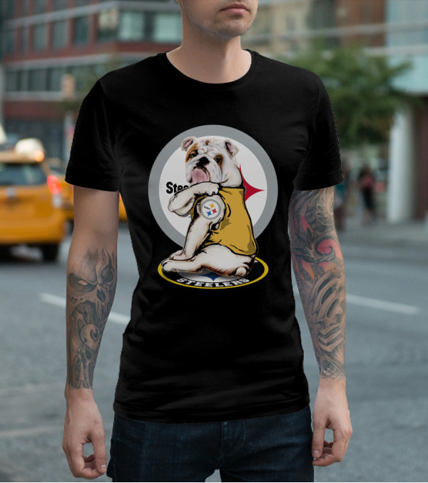 Steelers Bulldog Fan With Logo Tail Background T-Shirt