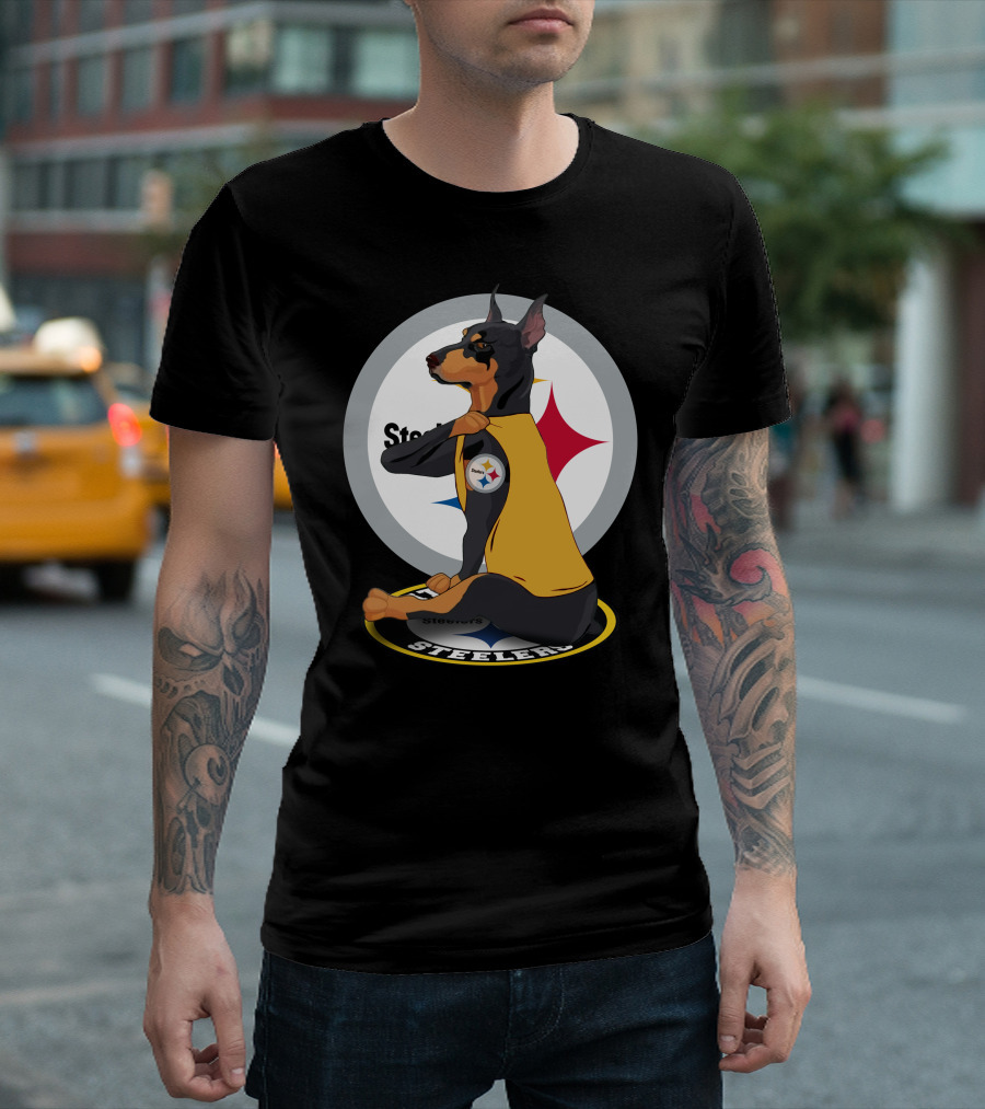 Steelers Dobermann Sitting on Steelers T-Shirt