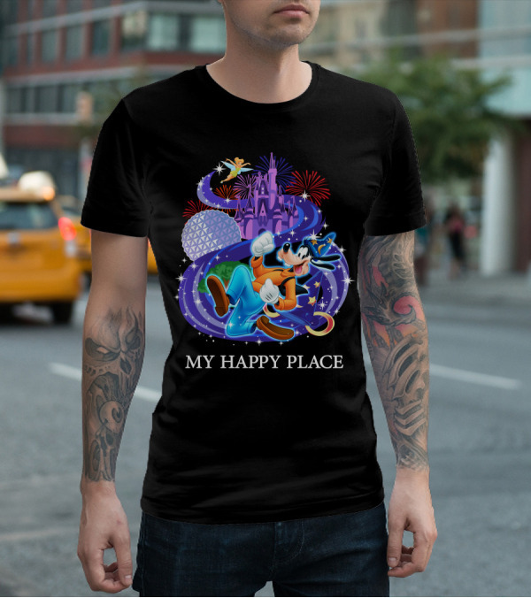 Disney Goofy My Happy Place Magic Kingdom Castle Epcot Fireworks T-Shirt