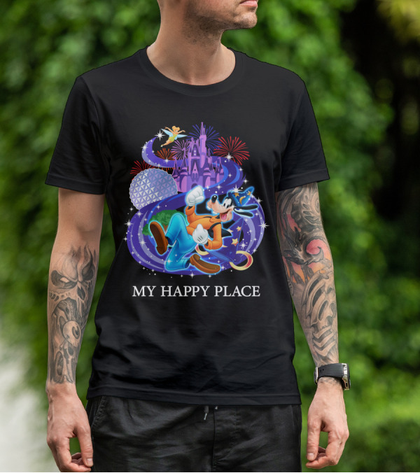 Disney Goofy My Happy Place Magic Kingdom Castle Epcot Fireworks T-Shirt