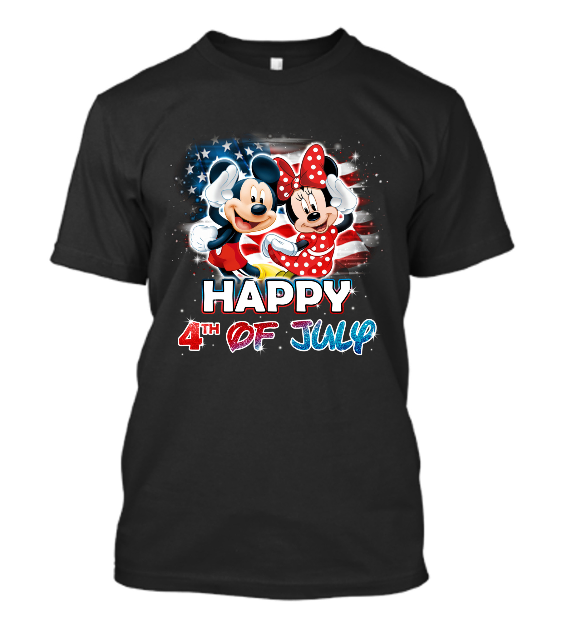 Mickey And Minnie Happy 4th Of July With American Flag Background T-Shirt