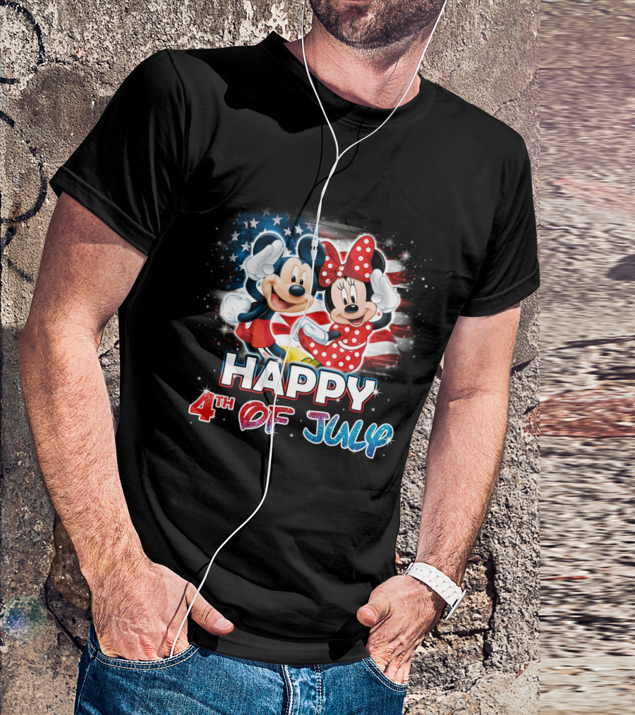 Mickey And Minnie Happy 4th Of July With American Flag Background T-Shirt