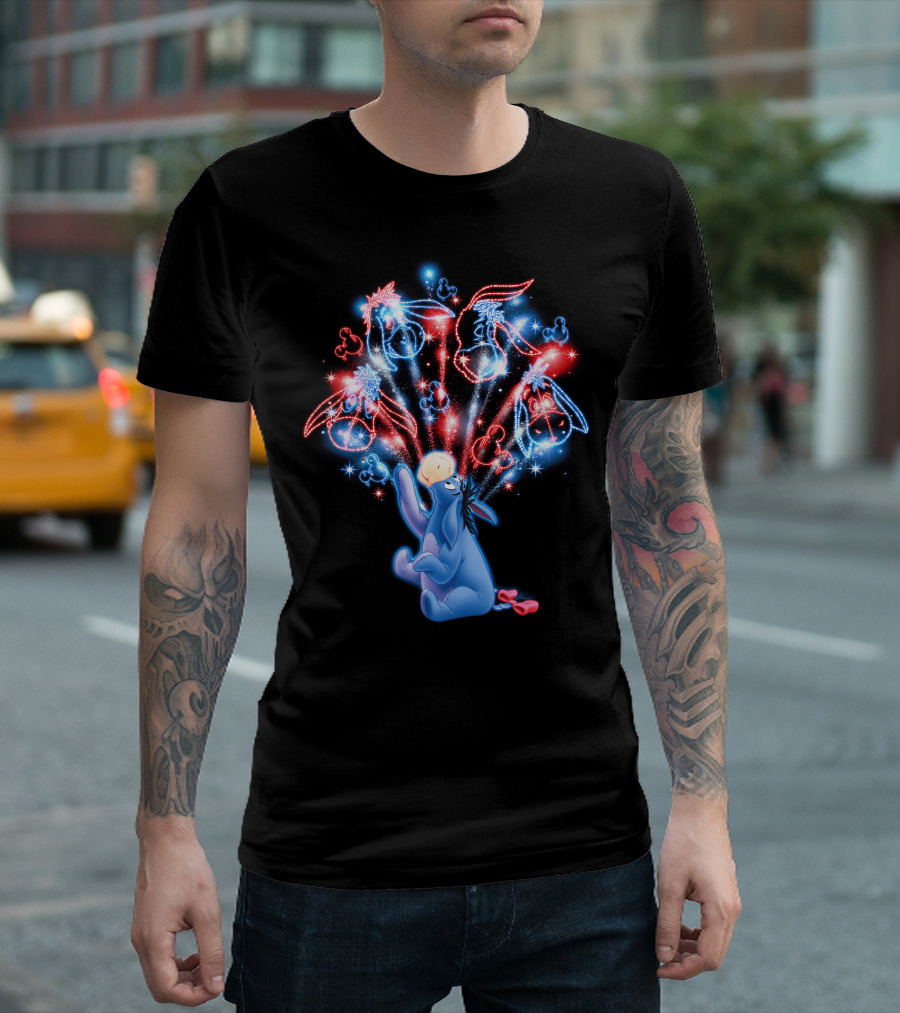 Eeyore Celebrates with Fireworks and Mickey Shapes T-Shirt