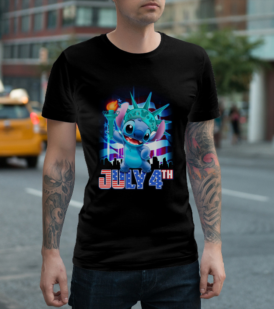 Stitch July 4th Statue of Liberty Torch and American Flag Background T-Shirt