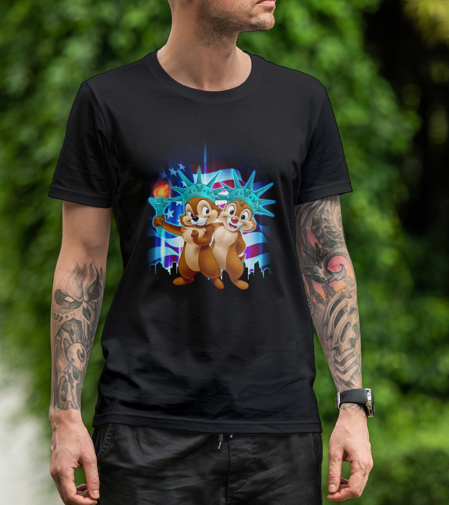 Chip And Dale Fourth Of July Statue Of Liberty With American Flag Background T-Shirt