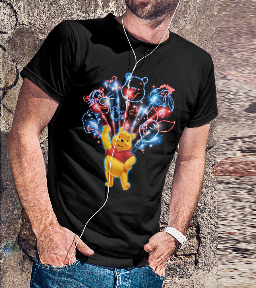 Winnie The Pooh Fireworks Celebration With Tigger Eeyore Piglet And Mickey Shapes T-Shirt