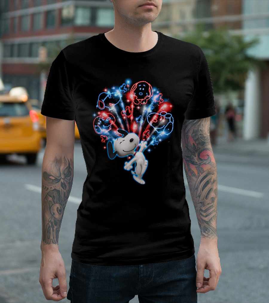 Snoopy Firework Celebration With Peanuts Characters In Red And Blue T-Shirt