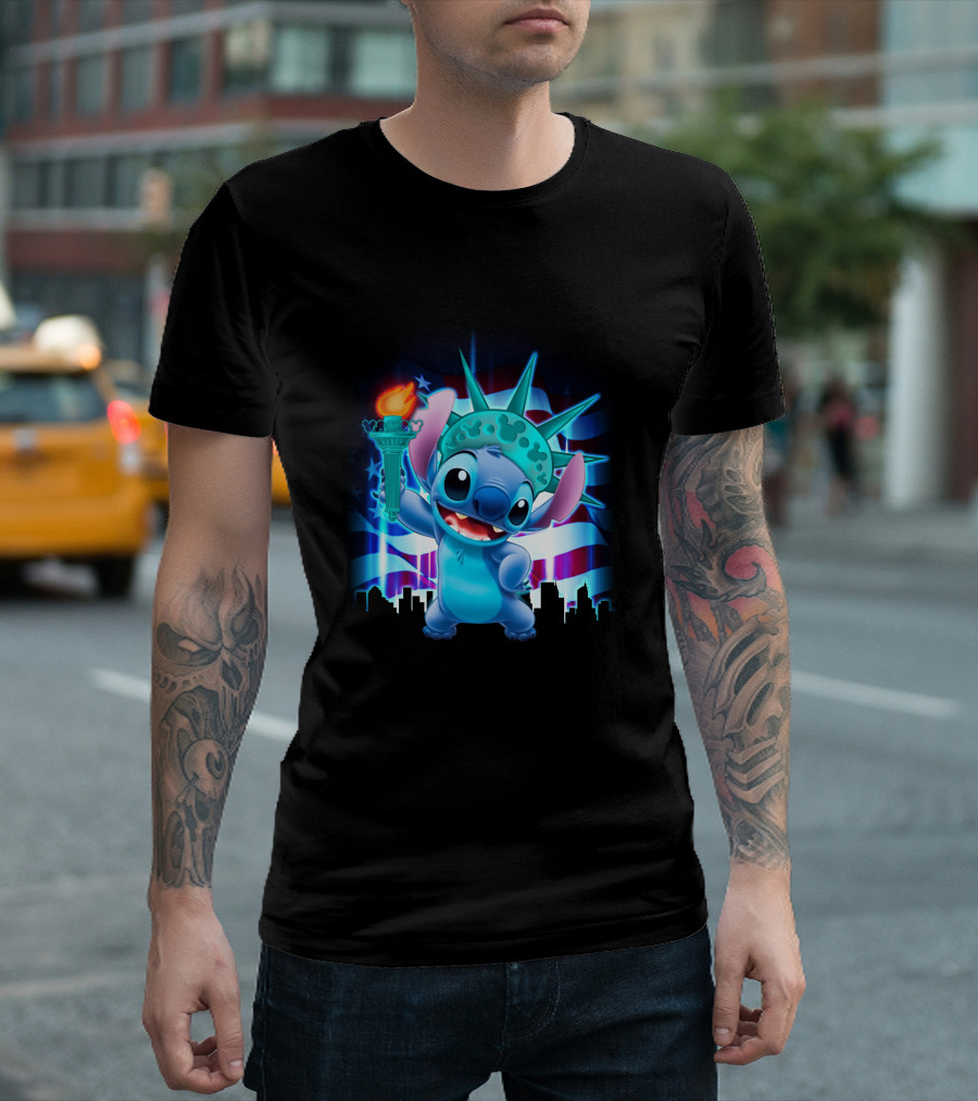 Stitch Statue Liberty American Flag Skyline T-Shirt