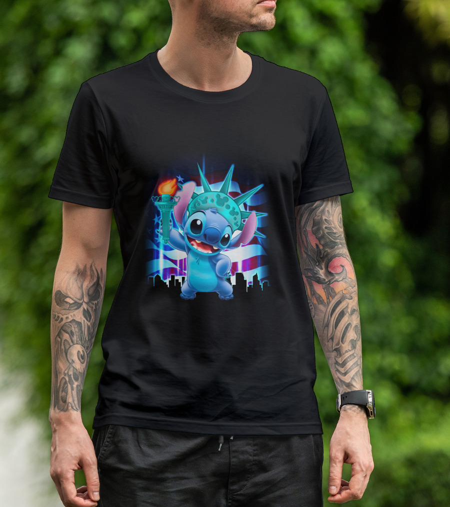 Stitch Statue Liberty American Flag Skyline T-Shirt
