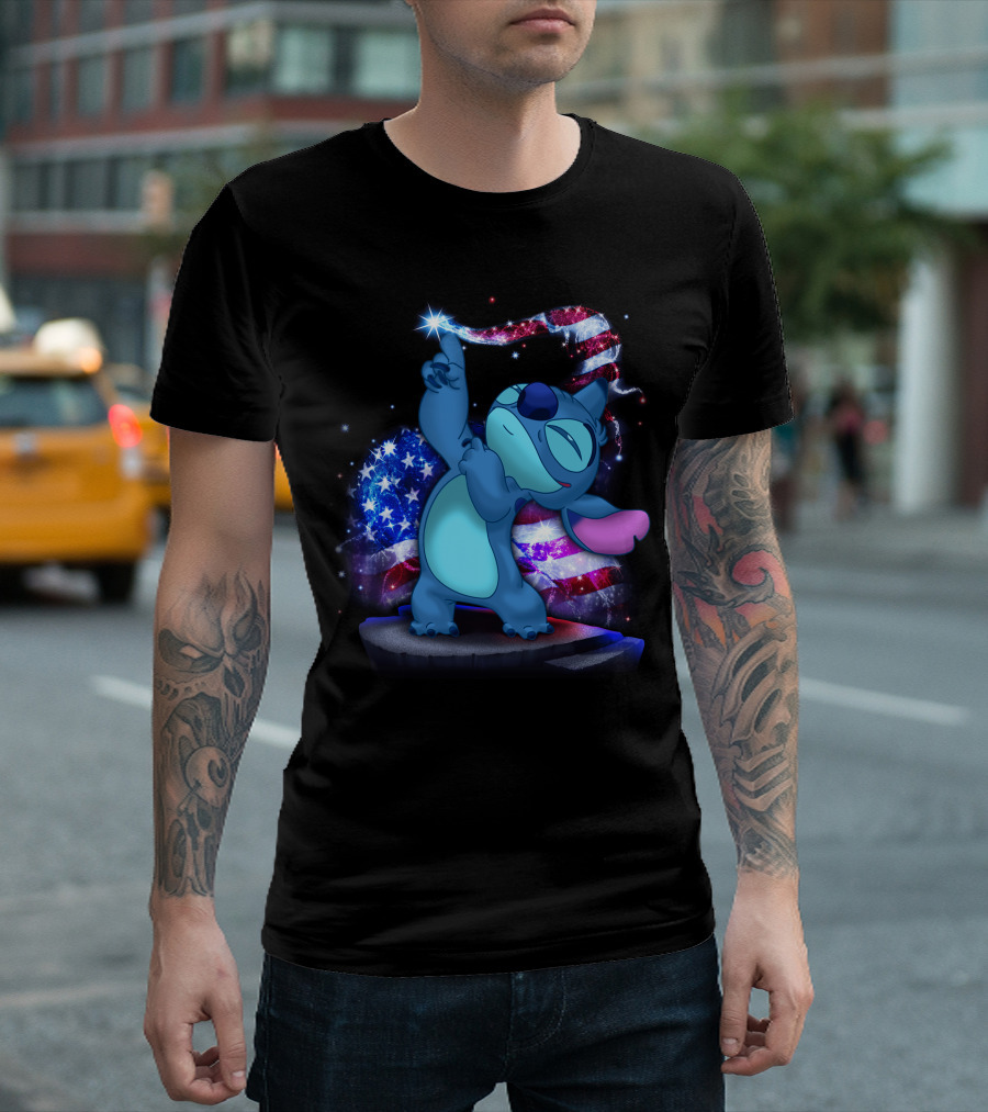 Stitch Bling July American Flag Fireworks Magic T-Shirt