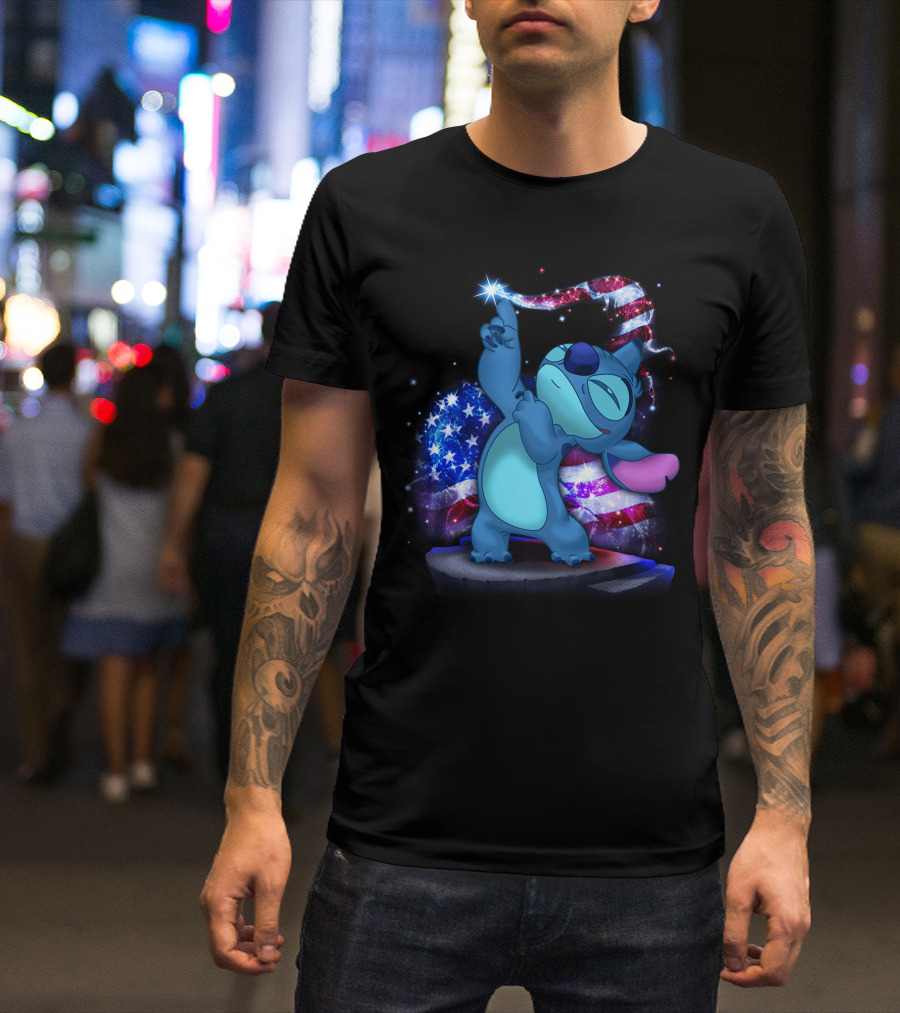 Stitch Bling July American Flag Fireworks Magic T-Shirt