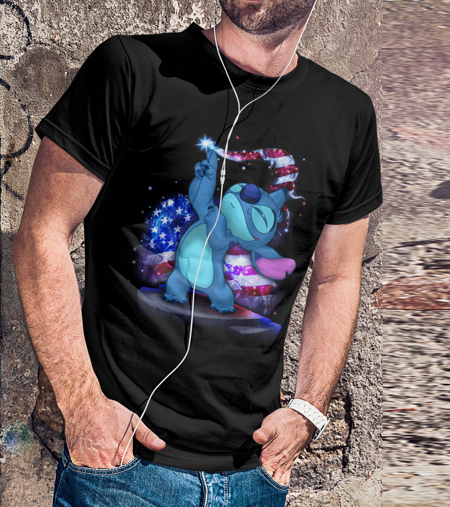 Stitch Bling July American Flag Fireworks Magic T-Shirt