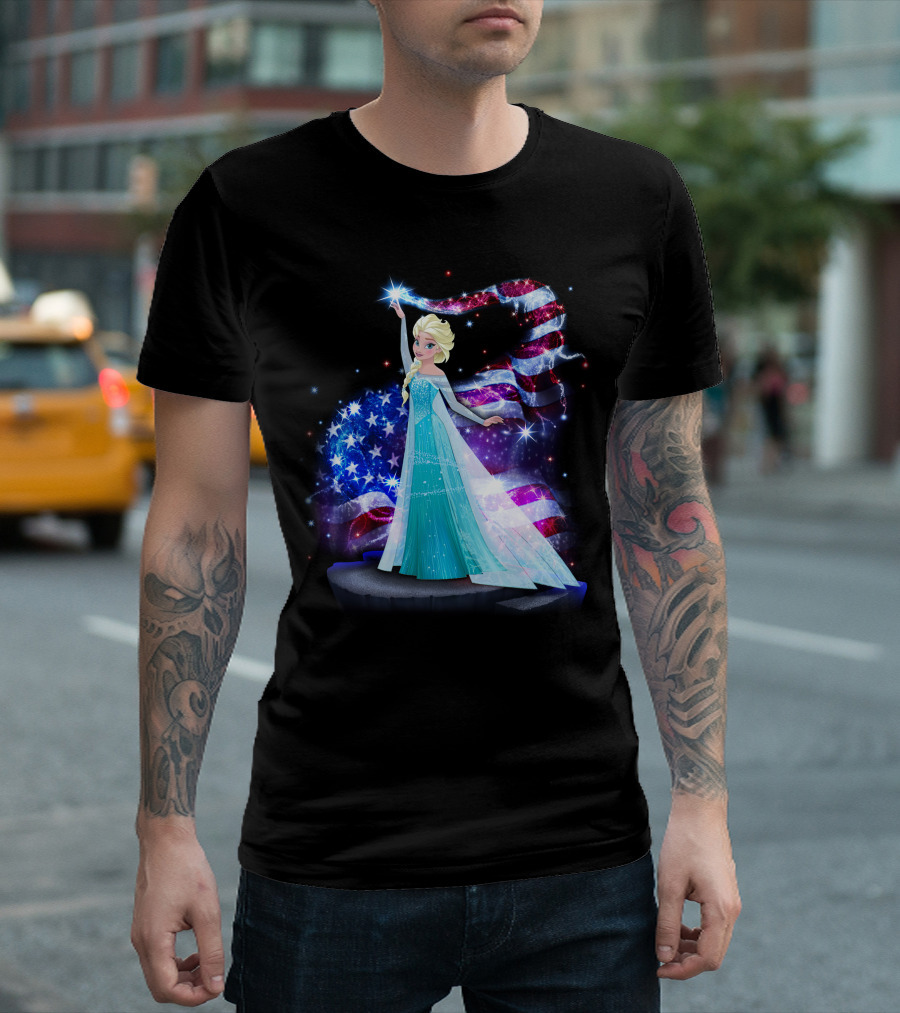 Frozen Elsa Sparkling American Flag Fourth of July T-Shirt