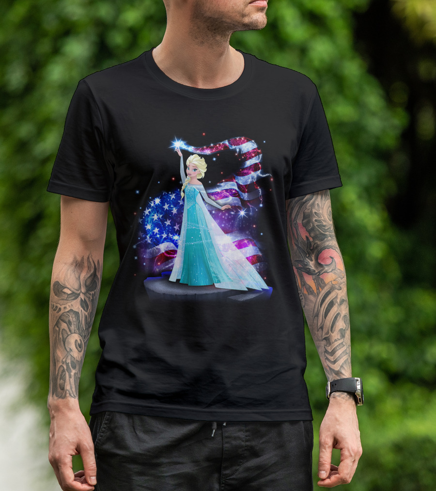 Frozen Elsa Sparkling American Flag Fourth Of July T-Shirt