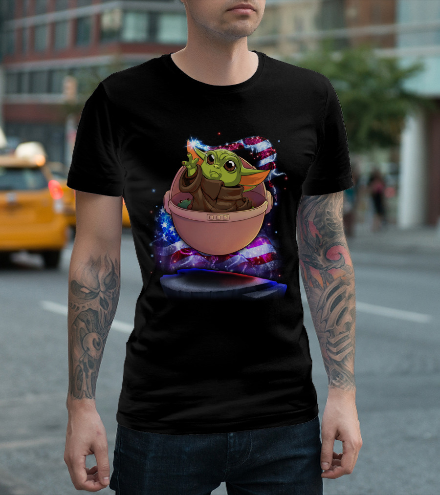 Baby Yoda Bling July American Flag Sparkle T-Shirt