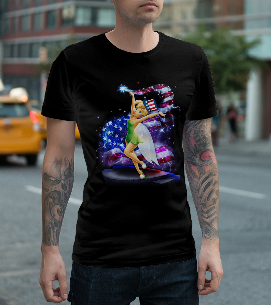 Tinkerbell Bling July Patriotic Sparkle with American Flag and Stars T-Shirt