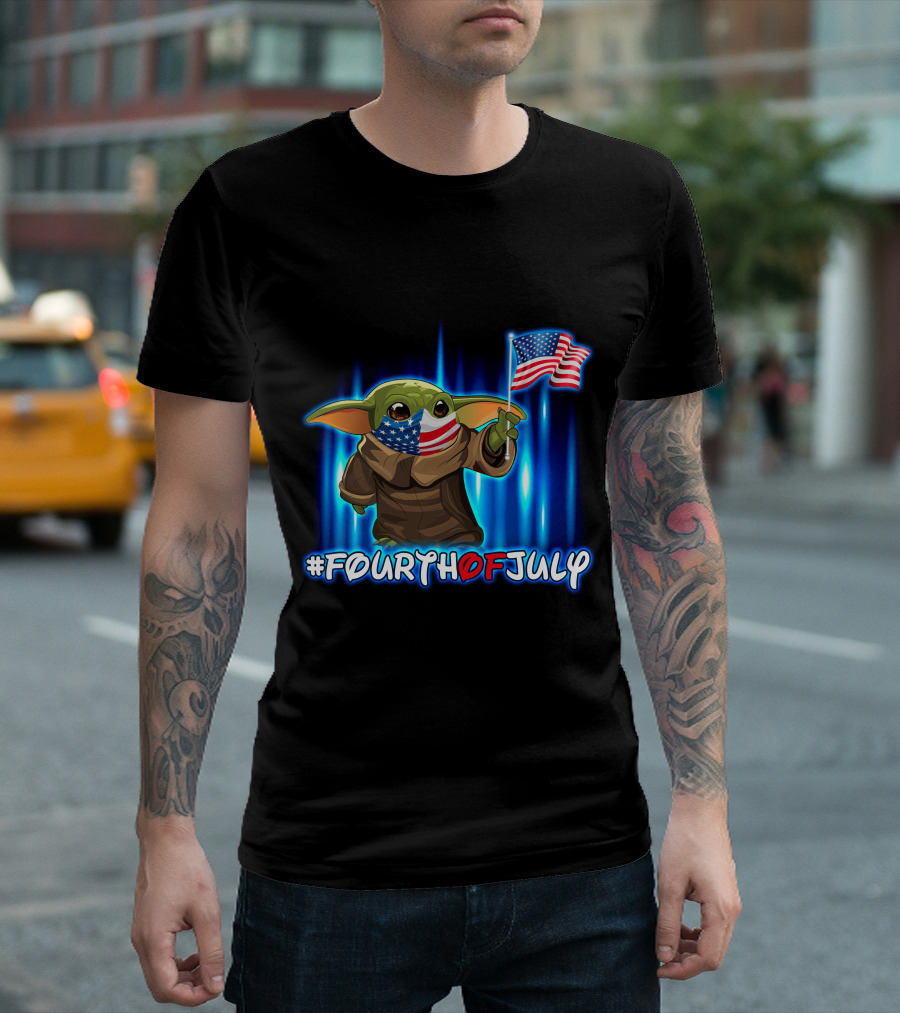 FOURTHOFJULY Baby Yoda with American Flag T-Shirt