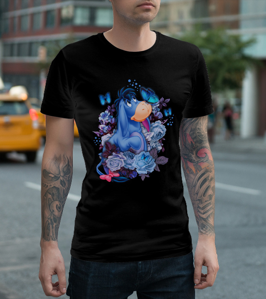 Eeyore Surrounded By Blue Flowers And Butterflies T-Shirt
