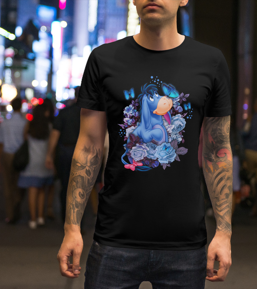 Eeyore Surrounded By Blue Flowers And Butterflies T-Shirt