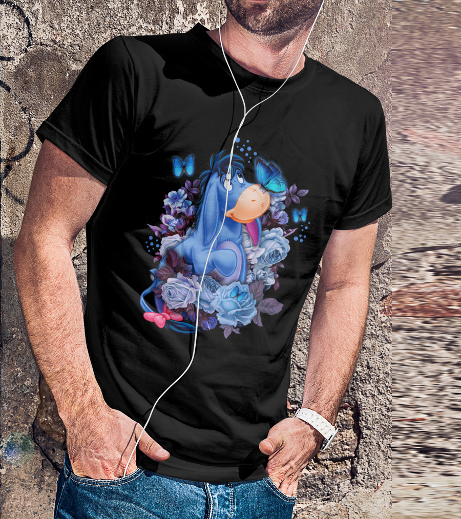 Eeyore Surrounded By Blue Flowers And Butterflies T-Shirt