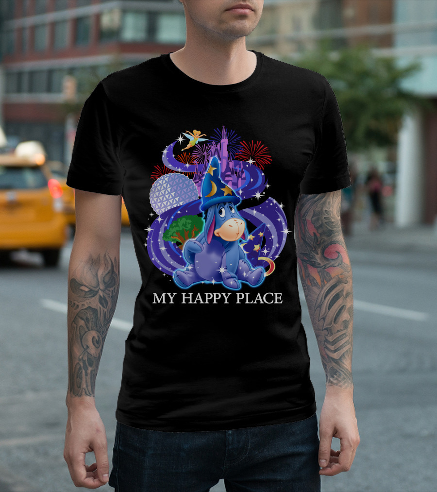 Eeyore My Happy Place Disney Castle Fireworks Spaceship Earth Tinker Bell T-Shirt