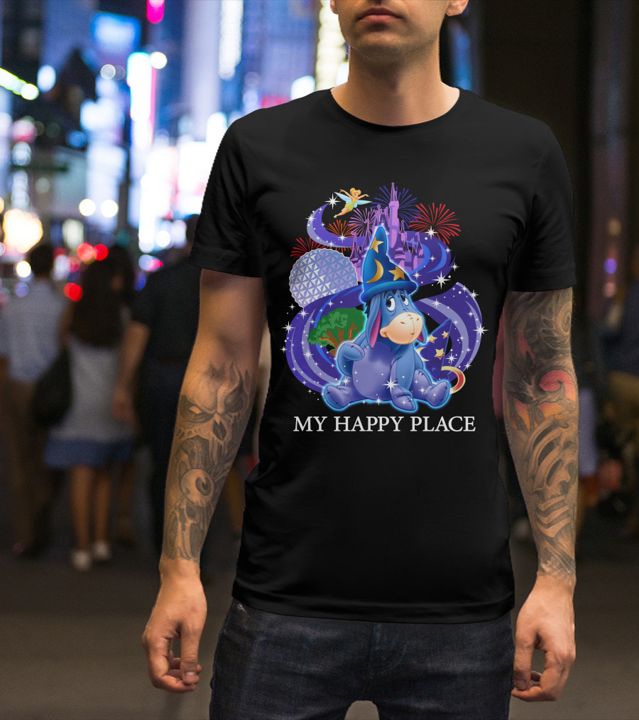 Eeyore My Happy Place Disney Castle Fireworks Spaceship Earth Tinker Bell T-Shirt