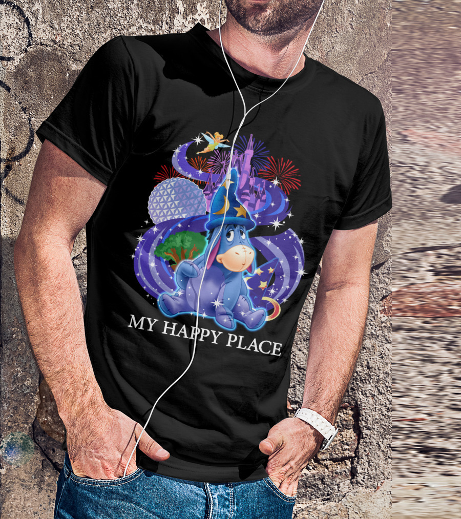 Eeyore My Happy Place Disney Castle Fireworks Spaceship Earth Tinker Bell T-Shirt
