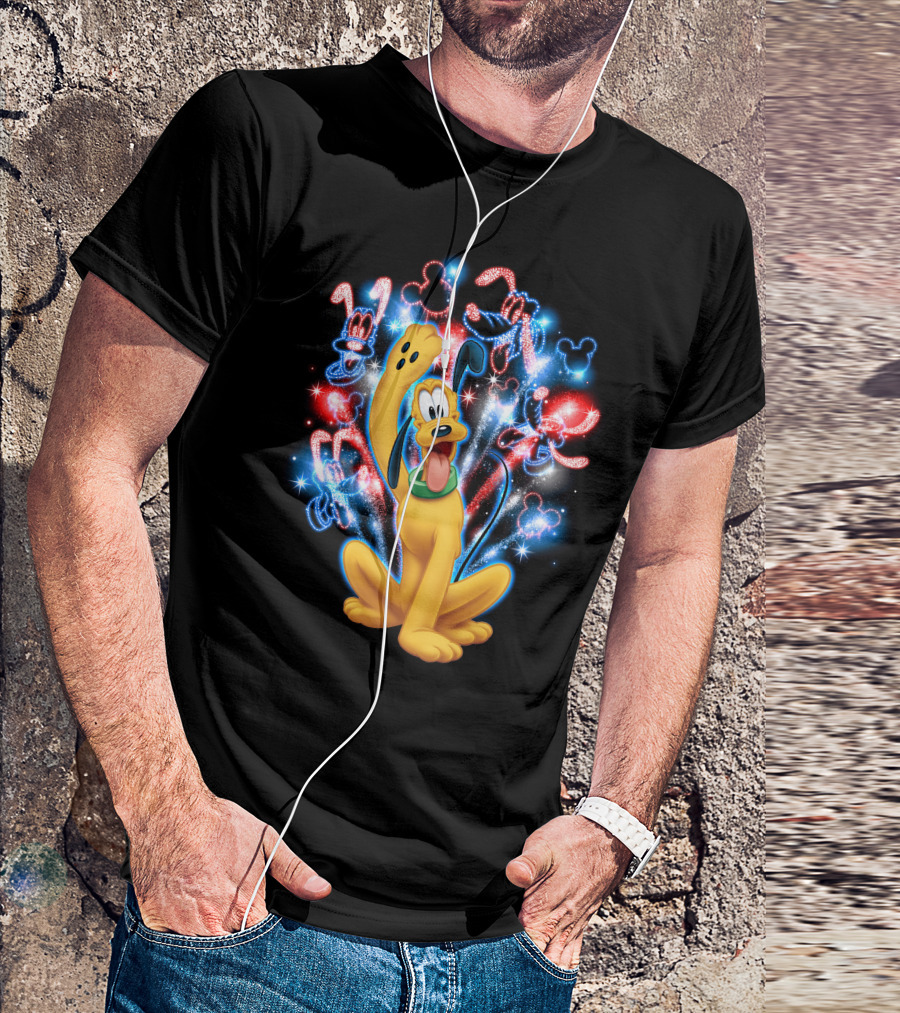 Pluto Disney Fireworks With Mickey Mouse Outlines T-Shirt