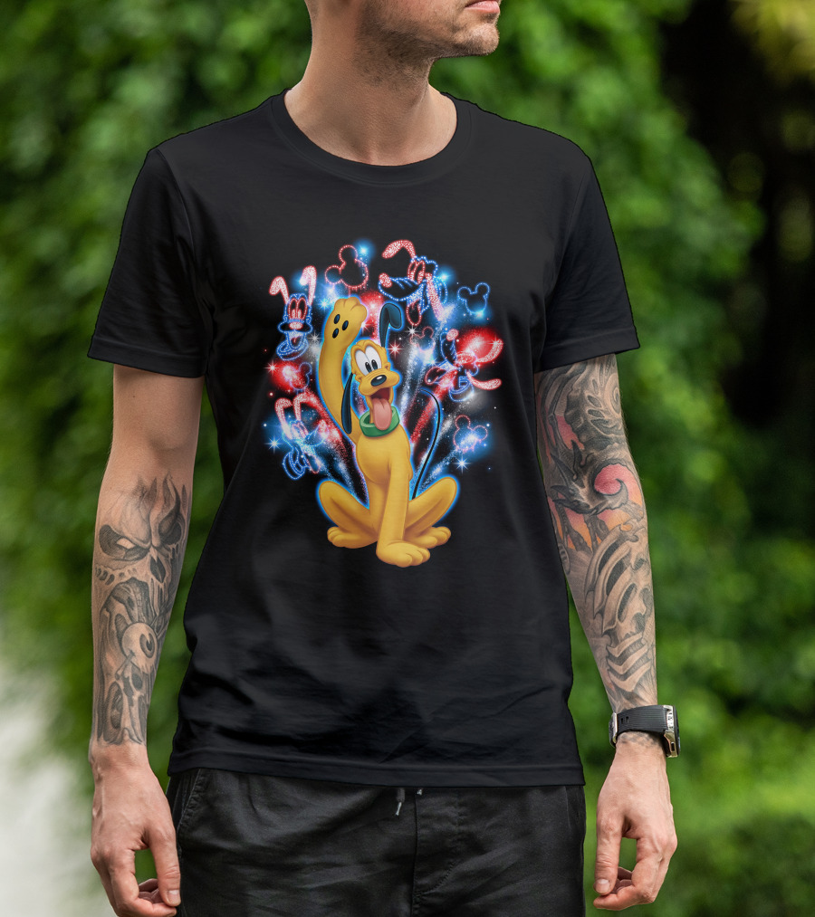 Pluto Disney Fireworks With Mickey Mouse Outlines T-Shirt