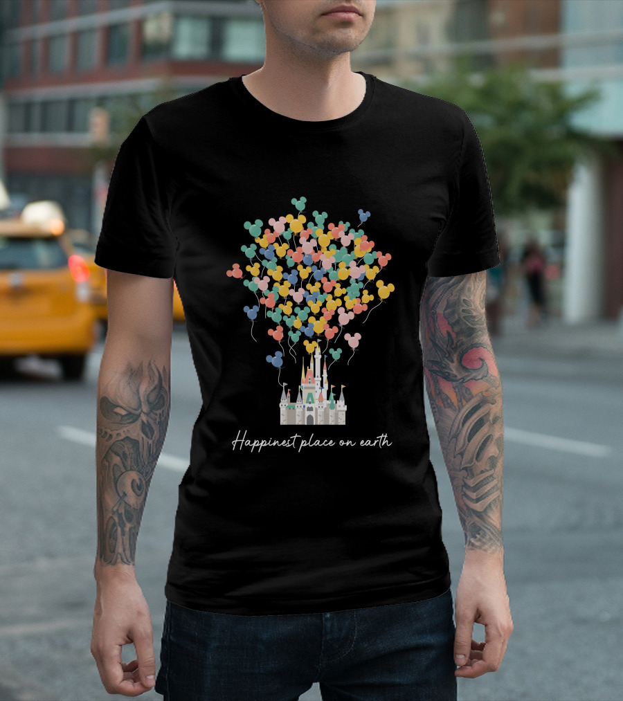 Happiest Place on Earth Disney Castle with Mickey Balloons T-Shirt