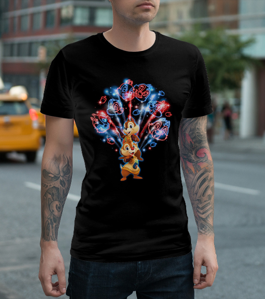 Chip n Dale Red and Blue Firework Display with Chipmunk Faces T-Shirt