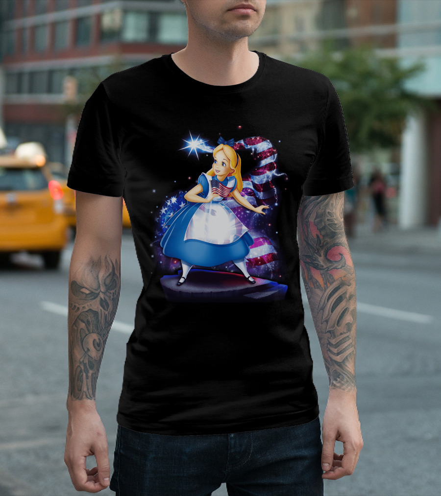 Alice Holding American Flag in Wonderland with Stars and Stripes Background T-Shirt