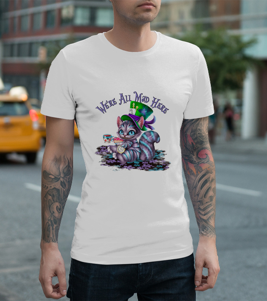 We're All Mad Here Cheshire Cat Tea Party with Hat and Clock T-Shirt