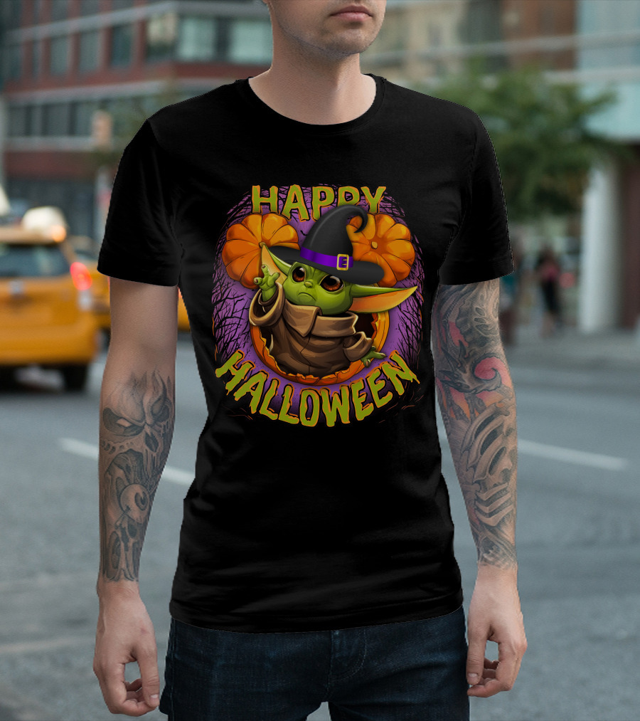 Happy Halloween Baby Yoda Magic Pumpkin Wizard Hat T-Shirt