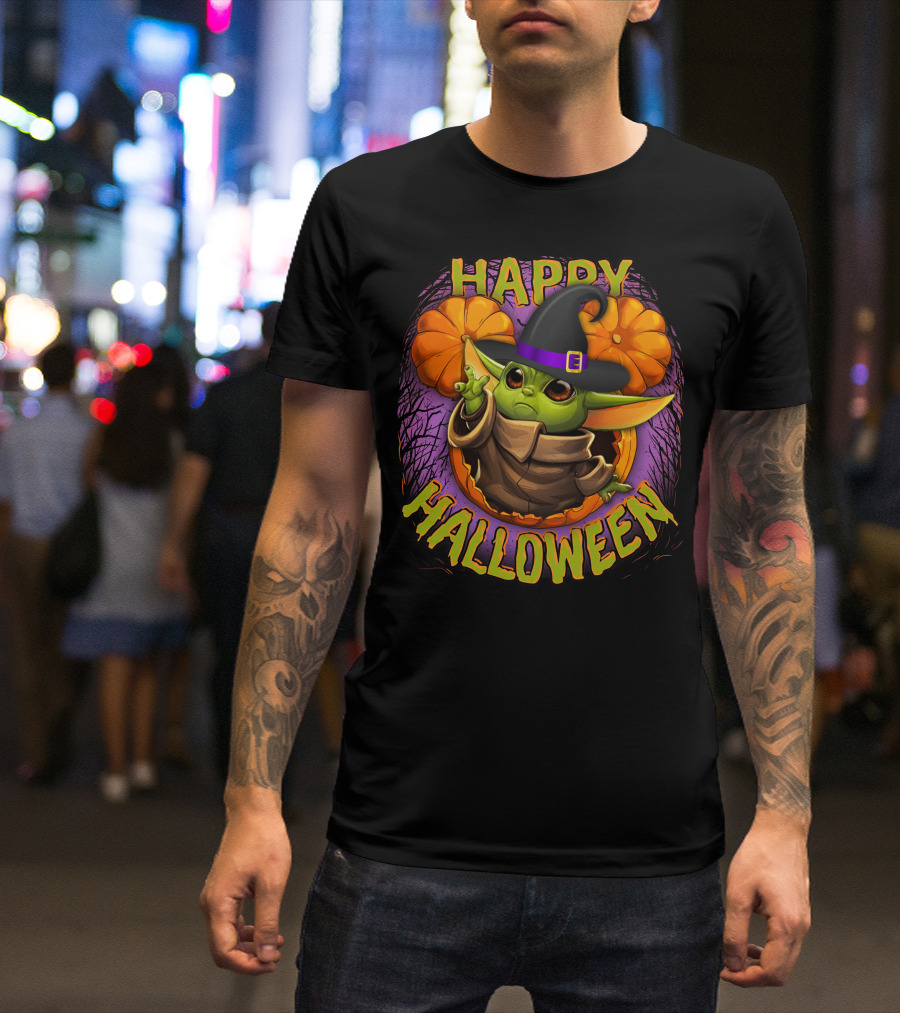 Happy Halloween Baby Yoda Magic Pumpkin Wizard Hat T-Shirt