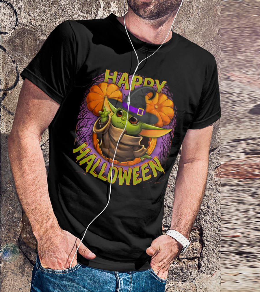 Happy Halloween Baby Yoda Magic Pumpkin Wizard Hat T-Shirt