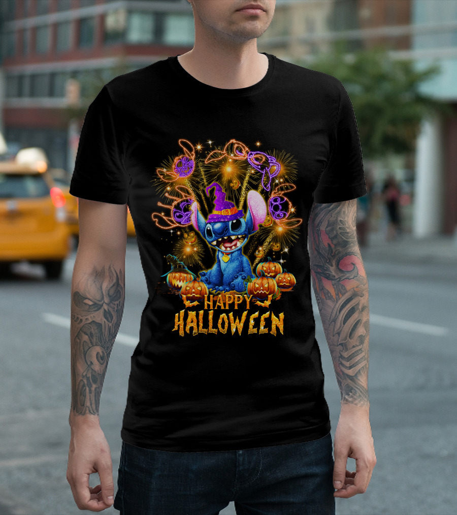 Stitch Happy Halloween Firework Display with Pumpkins and Witch Hat T-Shirt