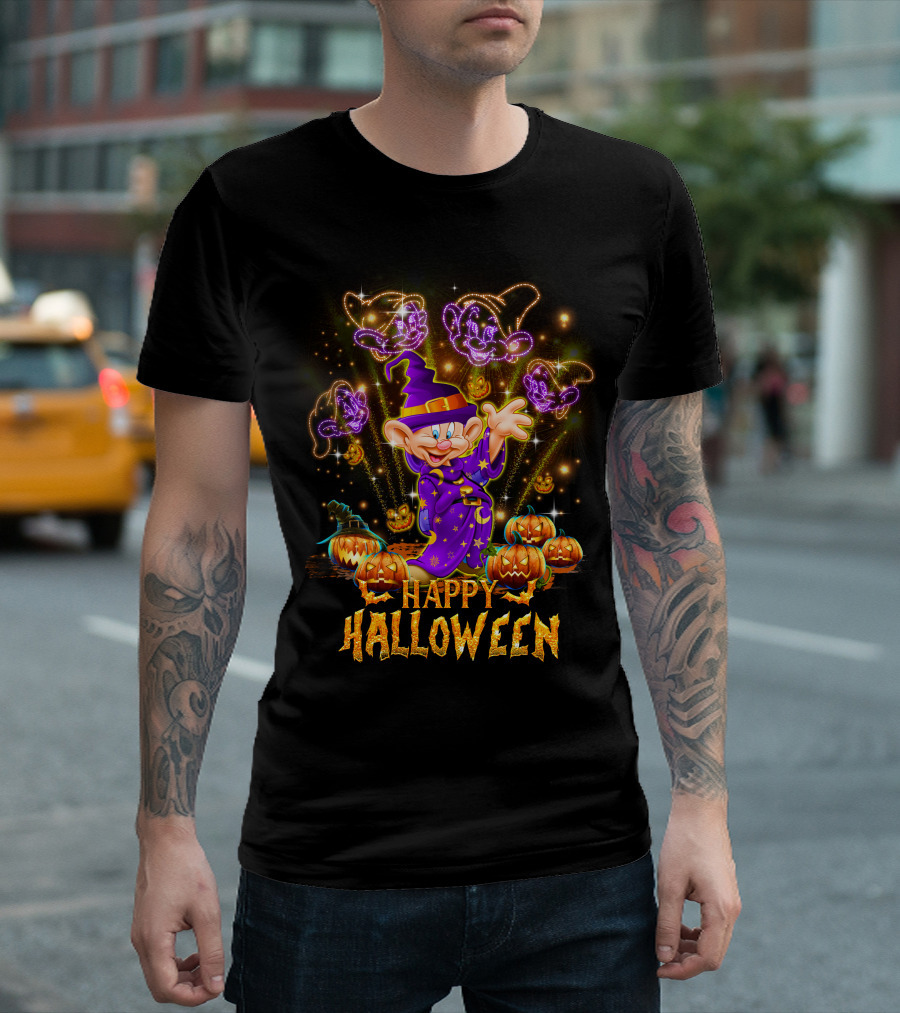 Happy Halloween Dopey In Wizard Hat With Fireworks And Pumpkins T-Shirt