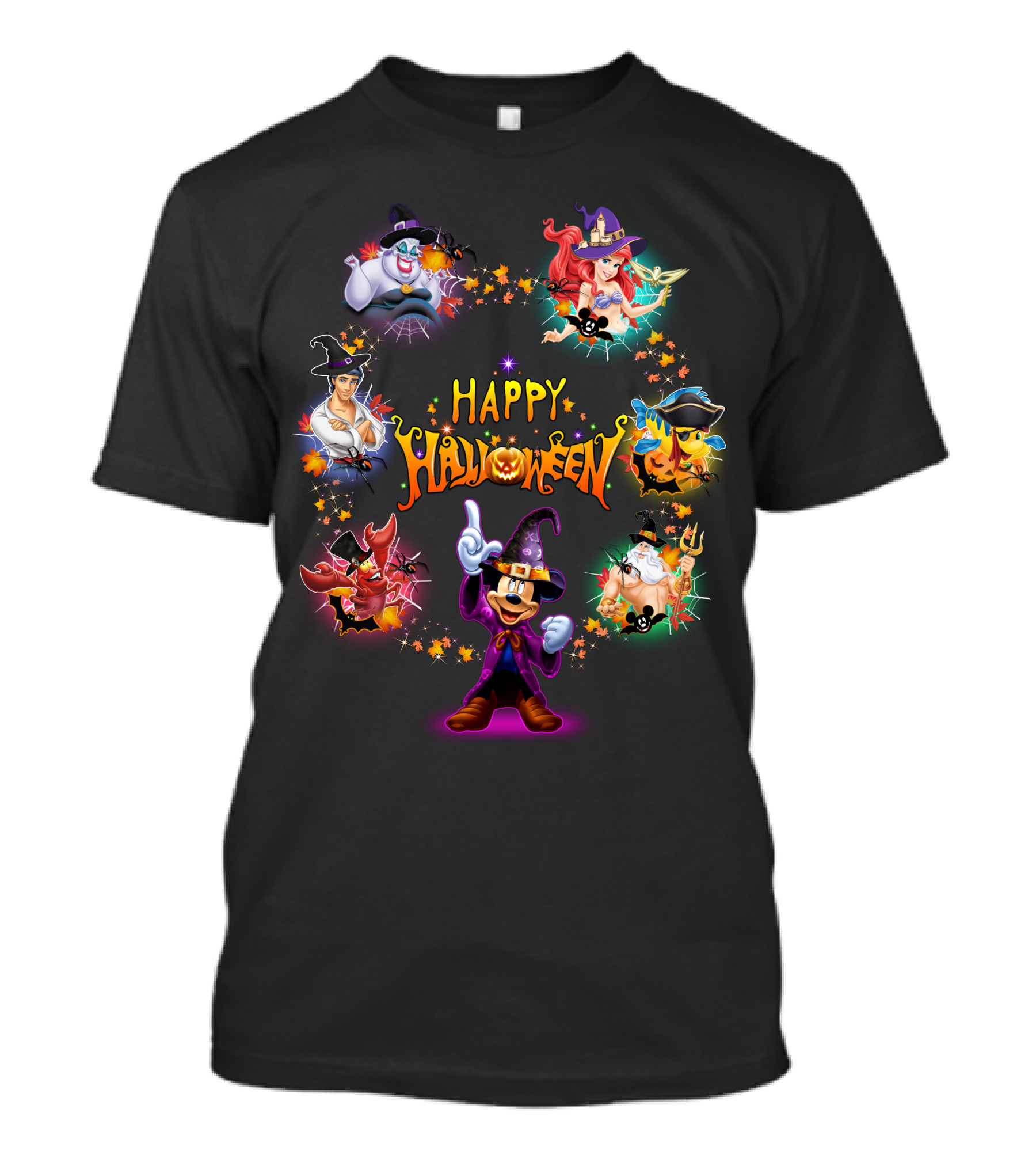 Happy Halloween Mickey Ariel Ursula Sebastian Pirate Captain Hook Disney Characters T-Shirt