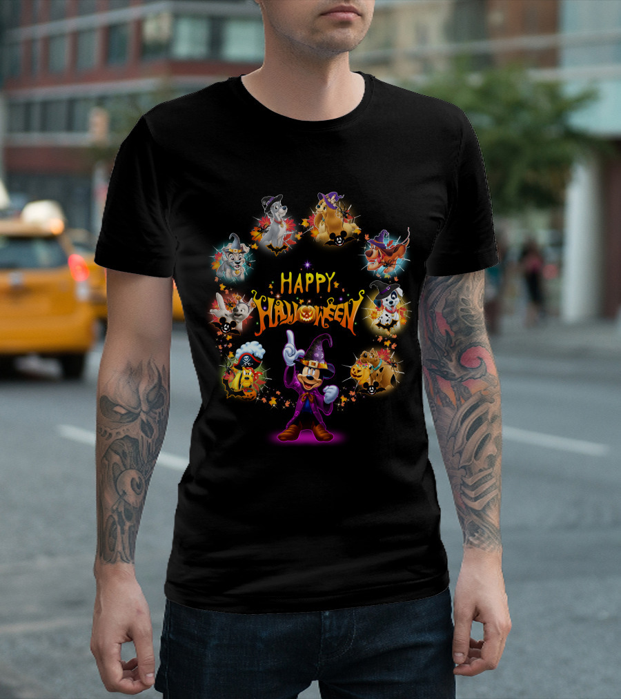 Disney Dogs Happy Halloween Party Featuring Iconic Characters and Festive Magic T-Shirt