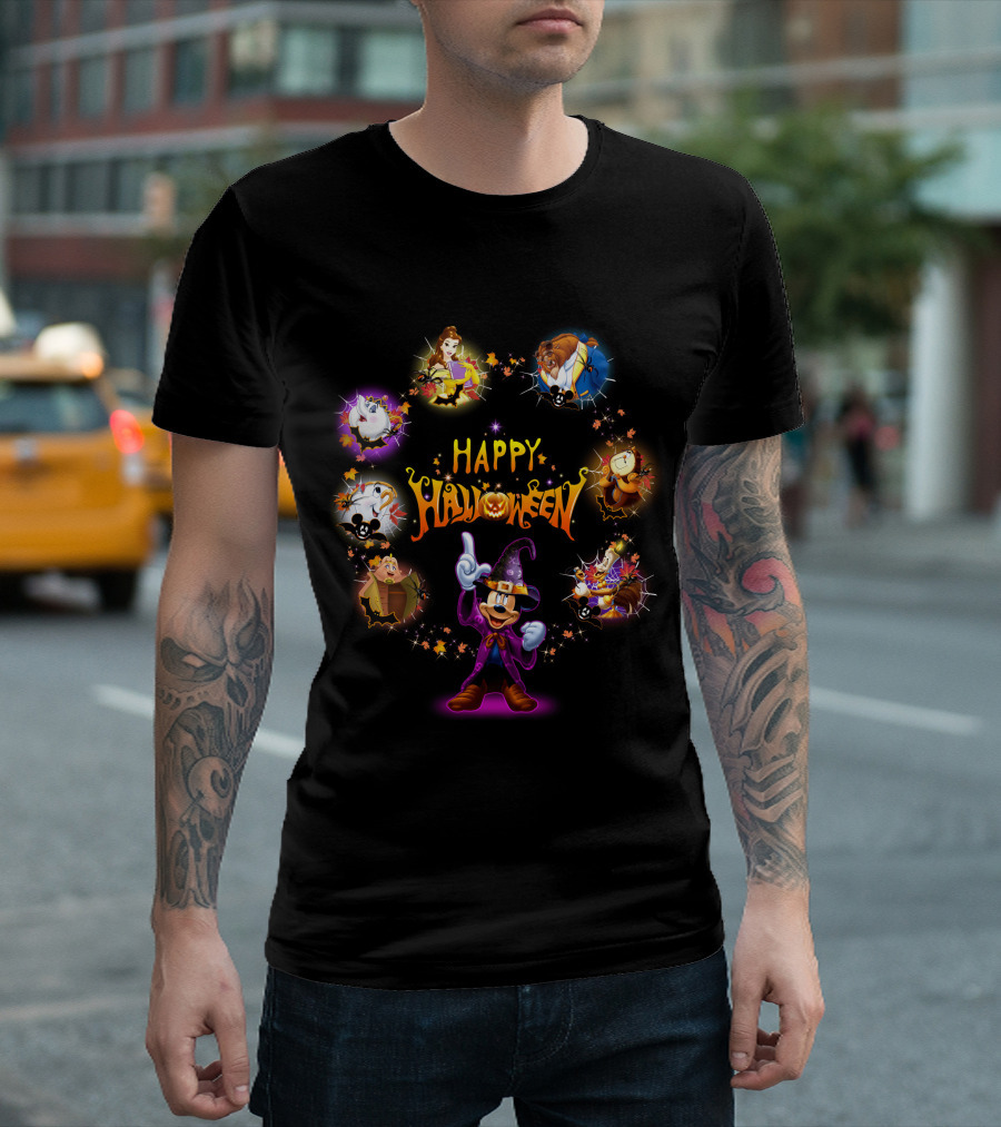 Happy Halloween Beauty And The Beast Disney Mickey Mouse Characters T-Shirt